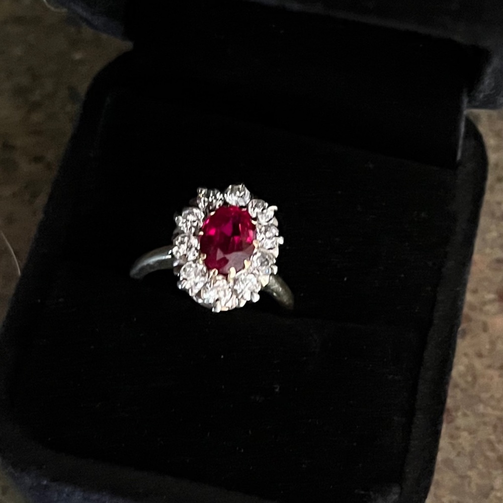 Antique Estate Natural Oval Ruby and Diamond Cluster Ring